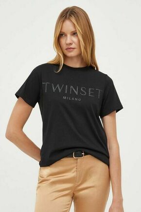 Pamučna majica Twinset boja: crna - crna. Majica kratkih rukava iz kolekcije Twinset izrađena od pletiva s tiskom. Model izrađen od izuzetno ugodnog pamučnog materijala.