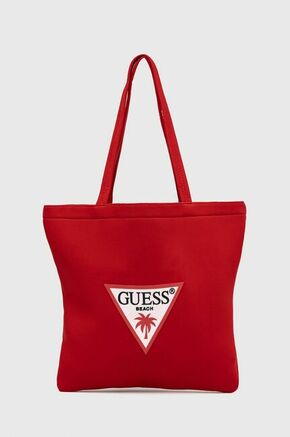 Torba Guess boja: crvena - crvena. Velika torba iz kolekcije Guess. Model bez kopčanja izrađen od tekstilnog materijala.