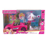 Pink sportski automobil sa helikopterom i dodacima