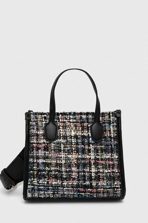 Dječja torba Guess boja: crna - crna. Dječja Mala torba iz kolekcije Guess. Model na kopčanje izrađen od kombinacije tekstilnog materijala i ekološke kože.