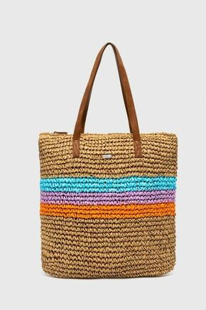 Torba za plažu Roxy boja: bež - bež. Veliki torba za plažu iz kolekcije Roxy. Model na kopčanje izrađen od pletenog materijala.