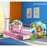 Dječji krevet ACMA s motivom, bočna roza + ladica 160x80 02 Animals
