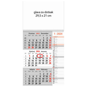 Kalendar zidni trodijelni 2024. memo sa spiralom