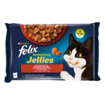 FELIX Sensations Jellies, potpuna hrana za kućne ljubimce, za odrasle mačke, mokra hrana s govedinom u želeu s rajčicom i s piletinom u želeu s mrkvom, 4x85g