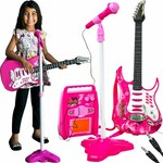Dječji set LED električni gitarski mikrofon i MP3 ružičasto pojačalo
