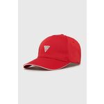 Pamučna kapa Guess boja: crvena - crvena. Kapa s šiltom u stilu baseball iz kolekcije Guess. Model izrađen od glatke tkanine.