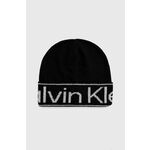 Kapa s dodatkom vune Calvin Klein boja: crna, od tanke pletenine - crna. Kapa iz kolekcije Calvin Klein. Model izrađen od pletiva s tiskom.