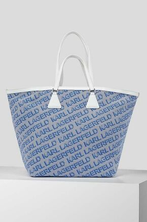 Torba Karl Lagerfeld - plava. Velika shopper torbica iz kolekcije Karl Lagerfeld. Bez kopčanja model izrađen od tekstilnog materijala.