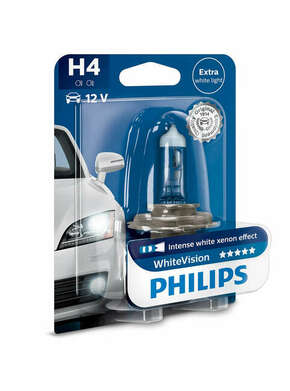 Philips WhiteVision (12V) - do 60% više svjetla - do 20% bjelije (3700K)Philips WhiteVision (12V) - up to 60% more light - up to 20% whiter light - H4-WV-1