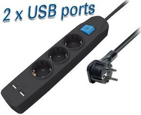 Transmedia 3-way power strip with two USB charging ports