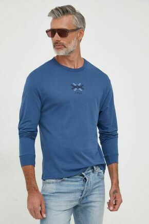 Pamučna majica dugih rukava United Colors of Benetton s tiskom - plava. Majica dugih rukava iz kolekcije United Colors of Benetton izrađena od pletiva ugodnog na dodir. Model izrađen od izuzetno ugodnog pamučnog materijala.
