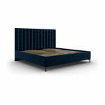 Tamno plavi tapecirani bračni krevet s prostorom za odlaganje s podnicom 200x200 cm Casey – Mazzini Beds