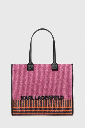 Torba Karl Lagerfeld boja: ružičasta - roza. Velika shopper torbica iz kolekcije Karl Lagerfeld. na kopčanje model izrađen od pletenog materijala.