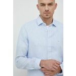 Lanena košulja Michael Kors za muškarce, slim, s klasičnim ovratnikom - plava. Košulja iz kolekcije Michael Kors. Model izrađen od tkanine s uzorkom. Ima klasični, učvršćeni ovratnik.