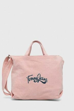 Pamučna torba Tommy Jeans boja: ružičasta - roza. Srednje veličine torba iz kolekcije Tommy Jeans. bez kopčanja izrađen od tekstilnog materijala.