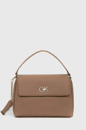 Torba Calvin Klein boja: smeđa - bež. Velika torbica iz kolekcije Calvin Klein. na kopčanje model izrađen od ekološke kože.