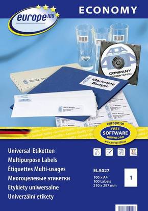Europe 100 ELA027 etikete 210 x 297 mm papir bijela 100 St. trajno univerzalne naljepnice tinta