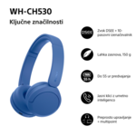 Sony WH‑CH530 slušalice, bežične/bluetooth, plave, mikrofon