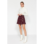 Trendyol Claret Red with Buttons and Tweed Fabric Hem with Ruffles, Mini Woven Skirt tamnocrvena