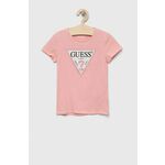 Dječja majica kratkih rukava Guess boja: ružičasta - roza. Majica kratkih rukava iz kolekcije Guess izrađena od tankog, elastičnog pletiva. Model izrađen od iznimno ugodnog materijala s visokim udjelom pamuka.