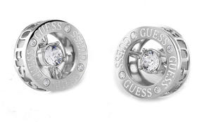 Naušnice Guess - srebrna. Naušnice z kolekcije Guess. Model s ukrasom od kristala izrađen od metala.