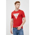 Pamučna majica Guess boja: crvena, s tiskom - crvena. Uski t-shirt iz kolekcije Guess. Model izrađen od tanke, elastične pletenine.