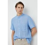 Lanena košulja Tommy Hilfiger regular, s ruskim ovratnikom - plava. Košulja iz kolekcije Tommy Hilfiger. Model izrađen od glatke tkanine. Ima stojeći ovratnik. Lagani materijal, namijenjen za toplija godišnja doba.