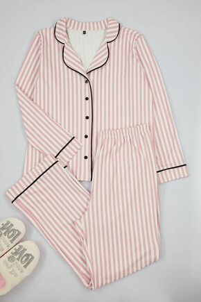 Trendyol Curve Pink Stripe Patterned Piped Fleece Lined Shirt-Pants Knitted Pajama Set roze