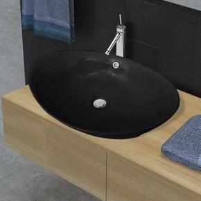 vidaXL Luksuzni keramički crni ovalni umivaonik sa preljevom