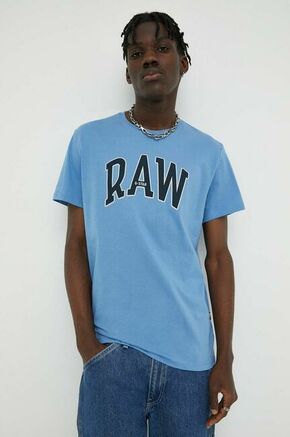 Pamučna majica G-Star Raw s tiskom - plava. Majica kratkih rukava iz kolekcije G-Star Raw. Model izrađen od pletiva s aplikacijom. Izuzetno udobni materijal