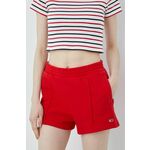 Pamučne kratke hlače Tommy Jeans za žene, boja: crvena, glatki materijal, visoki struk - crvena. Kratke hlače iz kolekcije Tommy Jeans. Model izrađen od elastičnog pletiva.