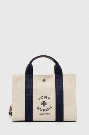 Torba Tory Burch boja: bež - bež. Mala shopper torbica iz kolekcije Tory Burch. Na kopčanje model izrađen od tekstilnog materijala.