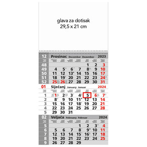 Kalendar zidni trodijelni 2024. sa spiralom sivi