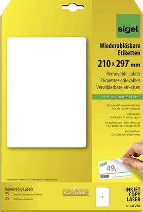 Sigel LA230 etikete 210 x 297 mm papir bijela 25 St. ponovno ljepljenje univerzalne naljepnice 25 Blatt din a4