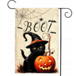 Nikcorp Ukrasna vrtna zastava za Halloween, dvostrani tisak, juta s crnom mačkom i bundevom, otporna na vremenske uvjete, 31x47 cm