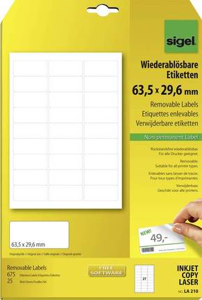 Sigel LA210 etikete 63.5 x 29.6 mm papir bijela 675 St. ponovno ljepljenje univerzalne naljepnice 25 Blatt din a4