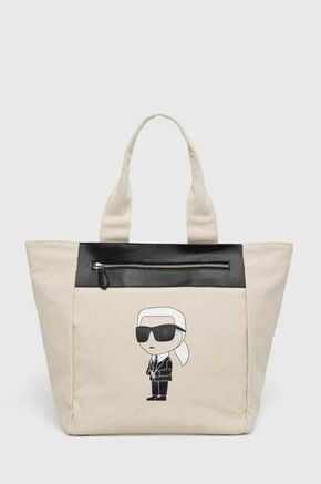Torba Karl Lagerfeld boja: bež - bež. Velika torba iz kolekcije Karl Lagerfeld. na kopčanje izrađen od kombinacije tekstilnog materijala i ekološke kože.