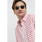 Košulja s dodatkom lana Tommy Jeans boja: ružičasta, relaxed, s klasičnim ovratnikom - roza. Košulja iz kolekcije Tommy Jeans. Model izrađen od tkanine s uzorkom. Ima klasični, mekani ovratnik. Lagani materijal, namijenjen za toplija godišnja doba.