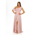 Carmen Powder Chiffon Shoulder Flounce Slit Evening Dress roze