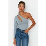 Trendyol Gray Asymmetrical Collar With Cutout Detail Single Sleeve Flexible Knitted Snap Button Body siva