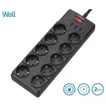 Well EXTS-10S2M prenaponska zaštita, 10x utičnica 230V + 3x USB, 1xUSB-C, 16A, 3680W, 2m