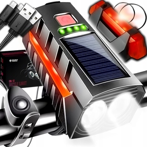 Set solarnih baterija. LED svjetla za bicikl i sirena 1200lm USB + stražnje svjetlo