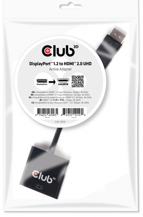 CLUB3D DisplayPort 1.2/1.2a HDMI 2.0 transformator Crno 10cm CAC-2070