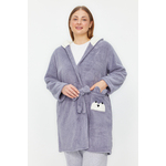 Trendyol Curve Gray Wellsoft/Plush Animal Figured Pocket Hooded Knitted Dressing Gown siva