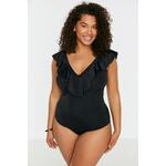 Trendyol Curve Black Deep V-Neck Flounce Throw Lined Swimsuit crna