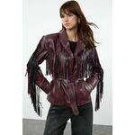Trendyol Black Regular Fit Belted Tassel Detailed Faux Leather Coat crna
