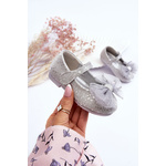 PA1 Children's ballerinas with a bow and glitter on velcro Silver-Grey Elisa siva